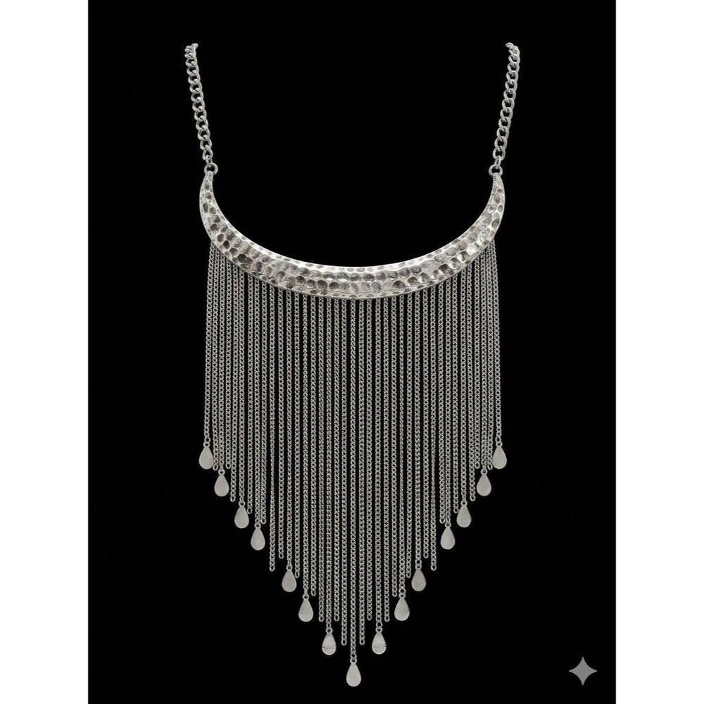 Boho Statement Bib Necklace Fringe Tassel Tribal Ethnic Silver Tone Festival